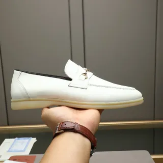 Loro Piana White Beige Leather Horsebit Buckle Loafer