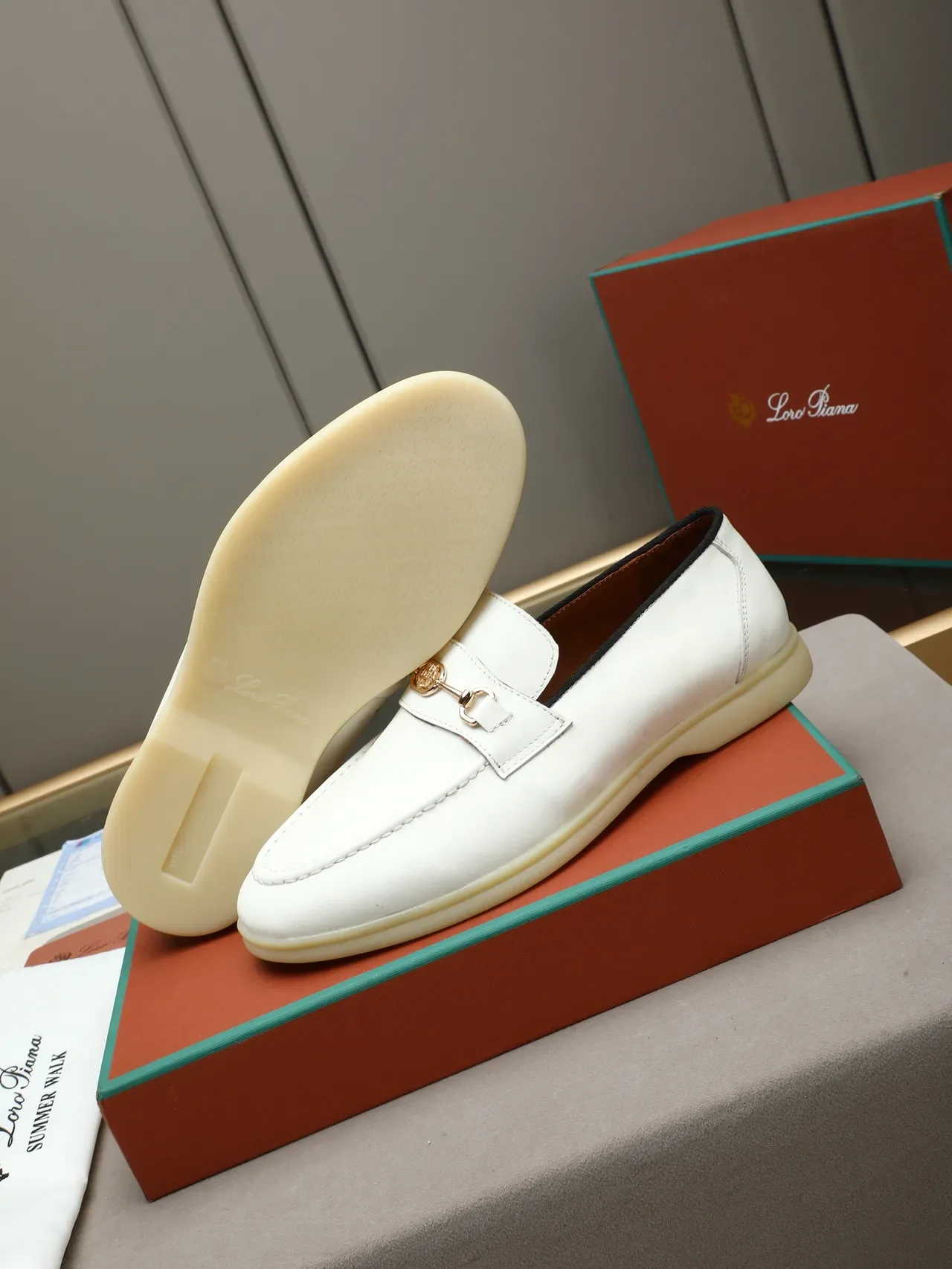 Loro Piana White Beige Leather Horsebit Buckle Loafer 4