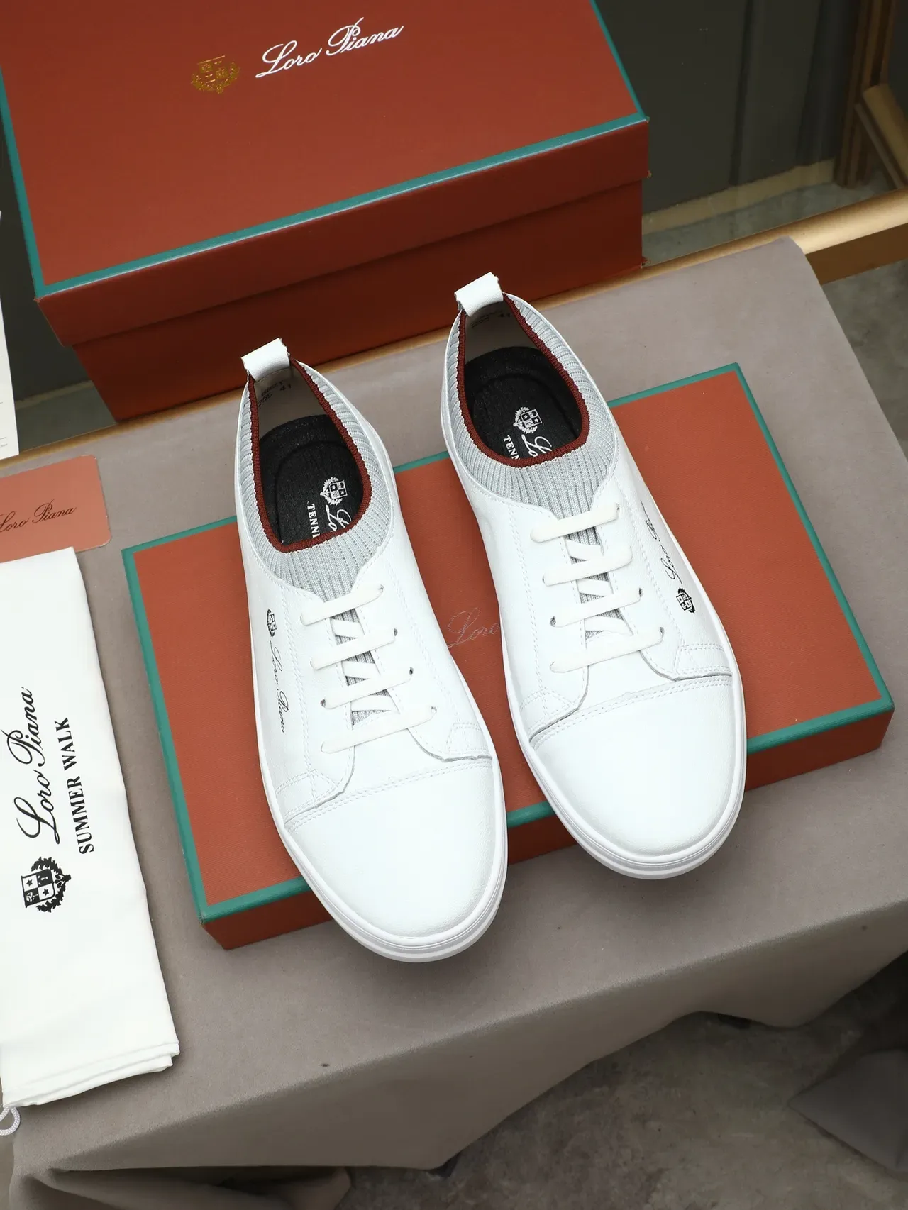 Loro Piana White Leather Knit-Collar Lifestyle Sneaker 3