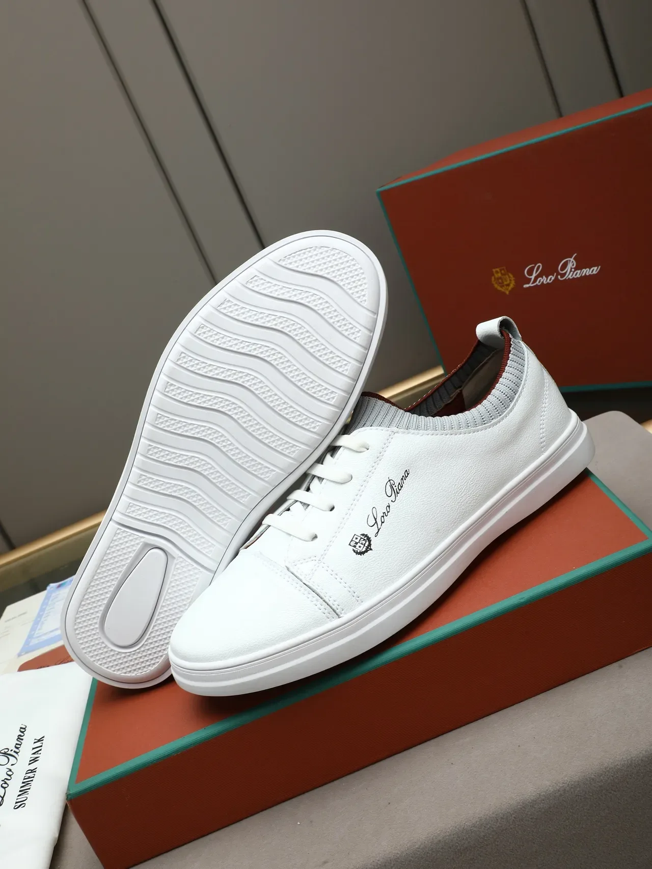 Loro Piana White Leather Knit-Collar Lifestyle Sneaker 5