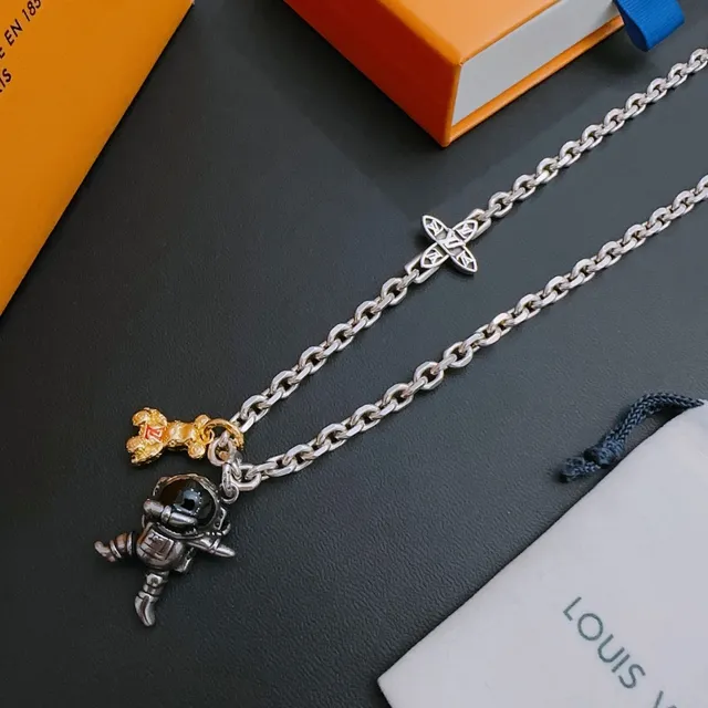 Louis Vuitton Astronaut and Bear Charm Silver Necklace 3