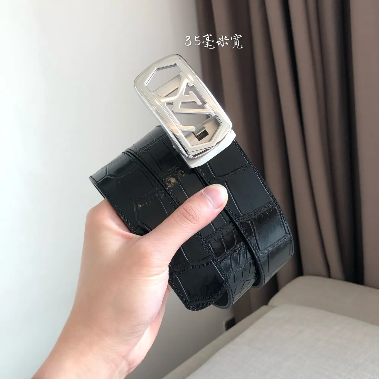 Louis Vuitton Automatic Slide Buckle Crocodile Leather Belt 6
