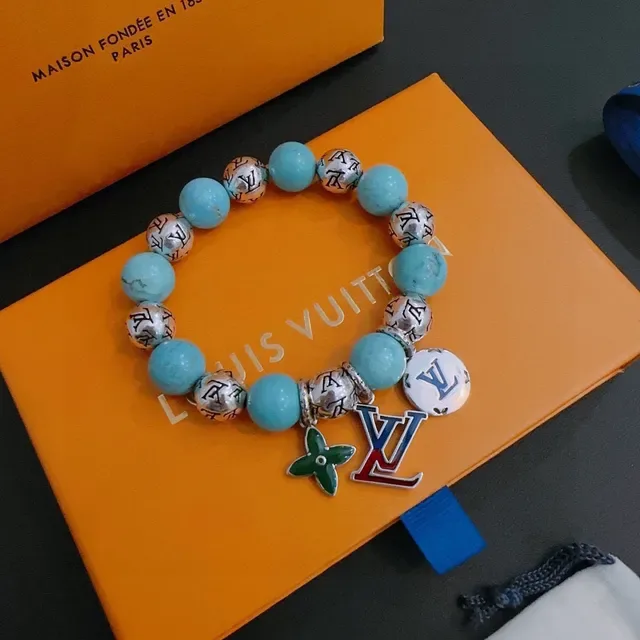 Louis Vuitton Beaded Turquoise Monogram Charm Bracelet 9
