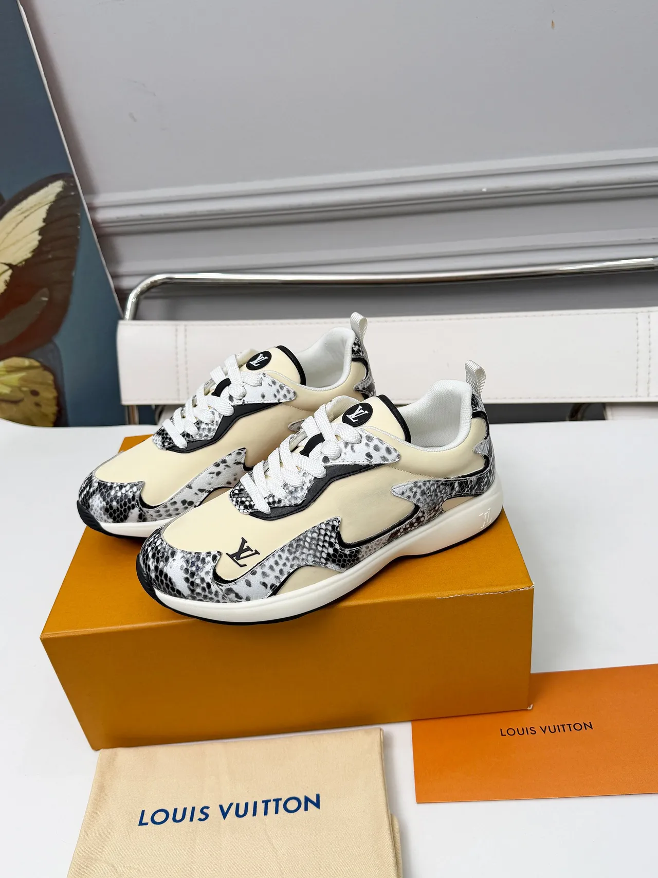 Louis Vuitton Beige Black Asymmetrical Cutout Overlays Snakeskin-Textured Panels Lifestyle Sneakers 2