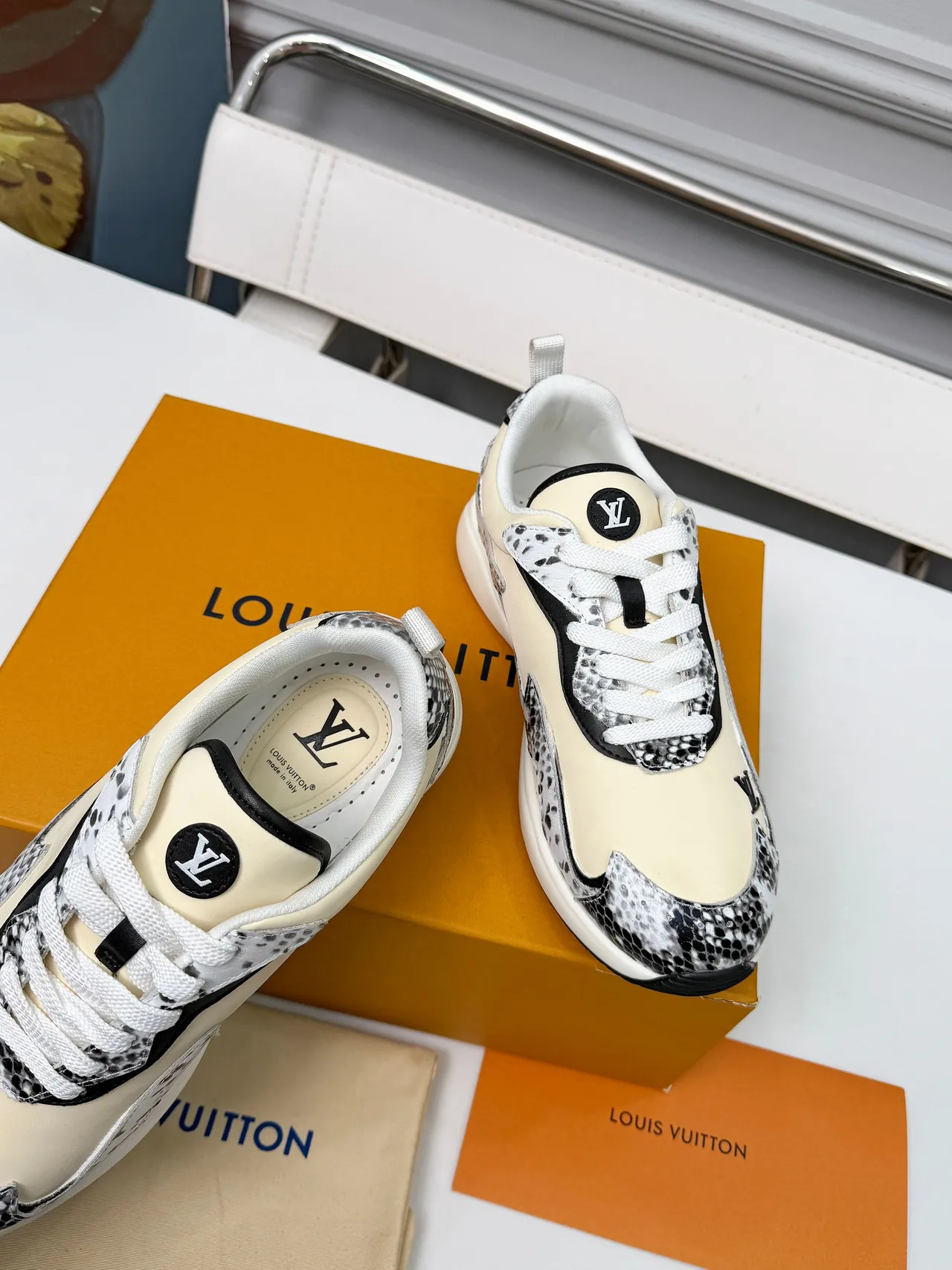 Louis Vuitton Beige Black Asymmetrical Cutout Overlays Snakeskin-Textured Panels Lifestyle Sneakers 3