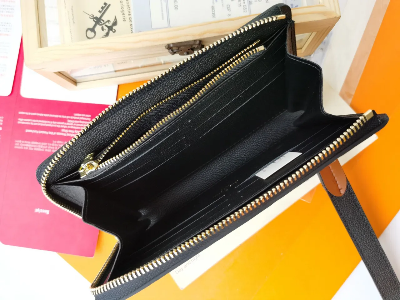 Louis Vuitton Black Brown Embossed Monogram Leather Tan Contrast Trim Long Wallet 3