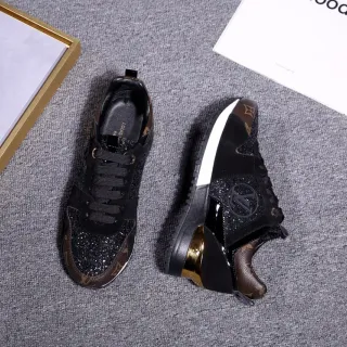 Louis Vuitton Negro Marrón Glitter-Accentuado Superior Monograma Cuero Superposiciones Lifestyle Sneakers