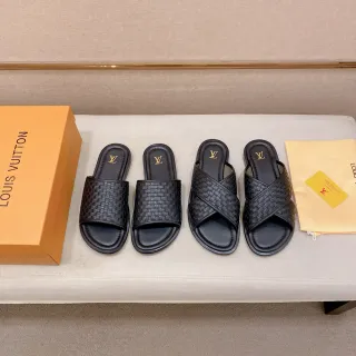 Louis Vuitton काला सोना बुना चमड़ा क्रिसक्रॉस पट्टी स्लिपर्स