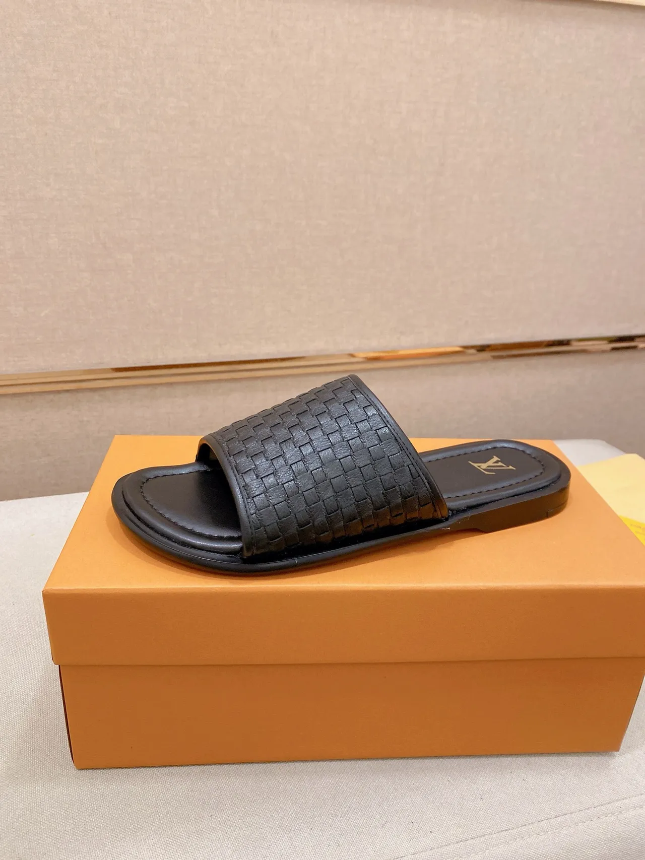 Louis Vuitton Black Gold Woven Leather Crisscross Strap Slippers 2