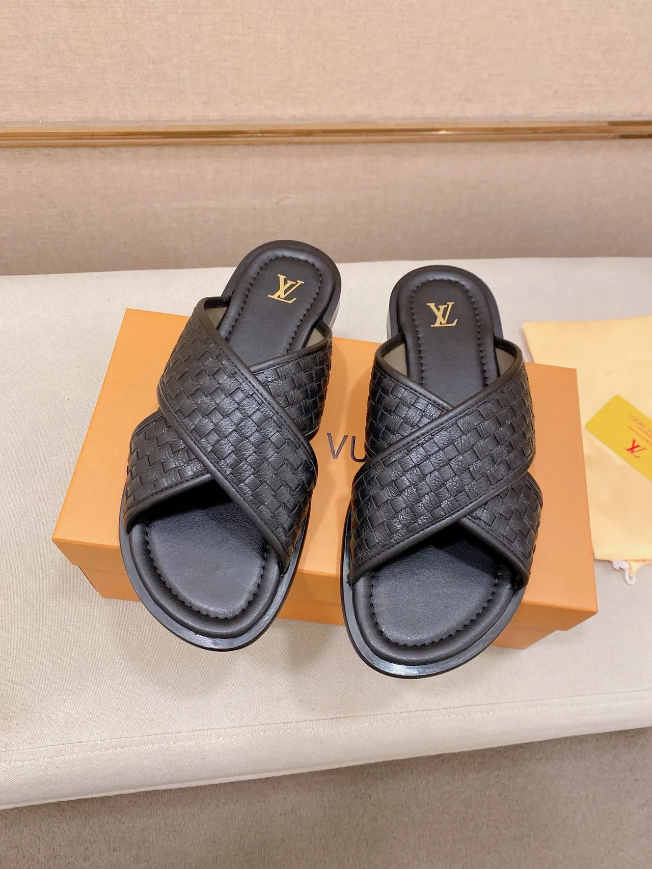 Louis Vuitton Black Gold Woven Leather Crisscross Strap Slippers 4