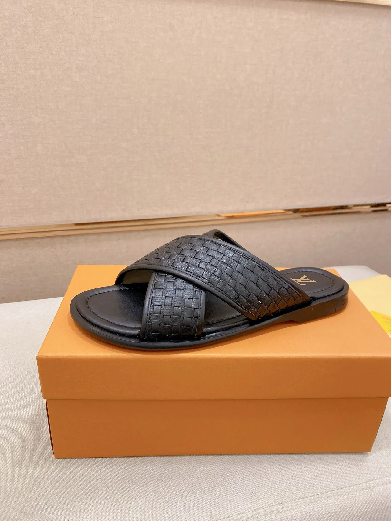 Louis Vuitton Black Gold Woven Leather Crisscross Strap Slippers 5