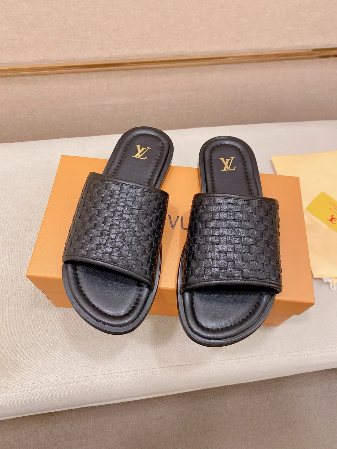 Louis Vuitton Black Gold Woven Leather Crisscross Strap Slippers 6