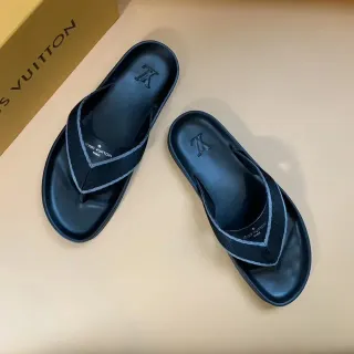Louis Vuitton negro gris suela de goma moldeada correa de tela en forma de V zapatillas