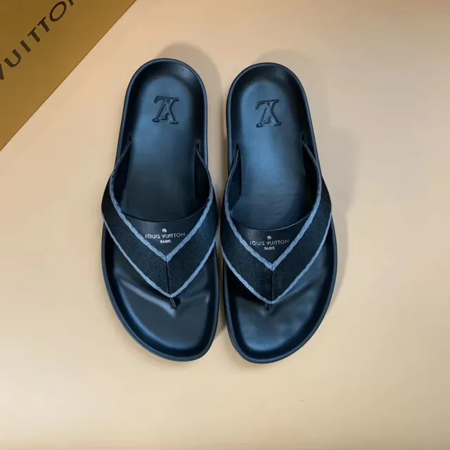 Louis Vuitton Black Gray Molded Rubber Sole V-Shaped Fabric Strap Slippers 2