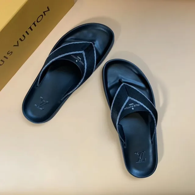 Louis Vuitton Black Gray Molded Rubber Sole V-Shaped Fabric Strap Slippers 5
