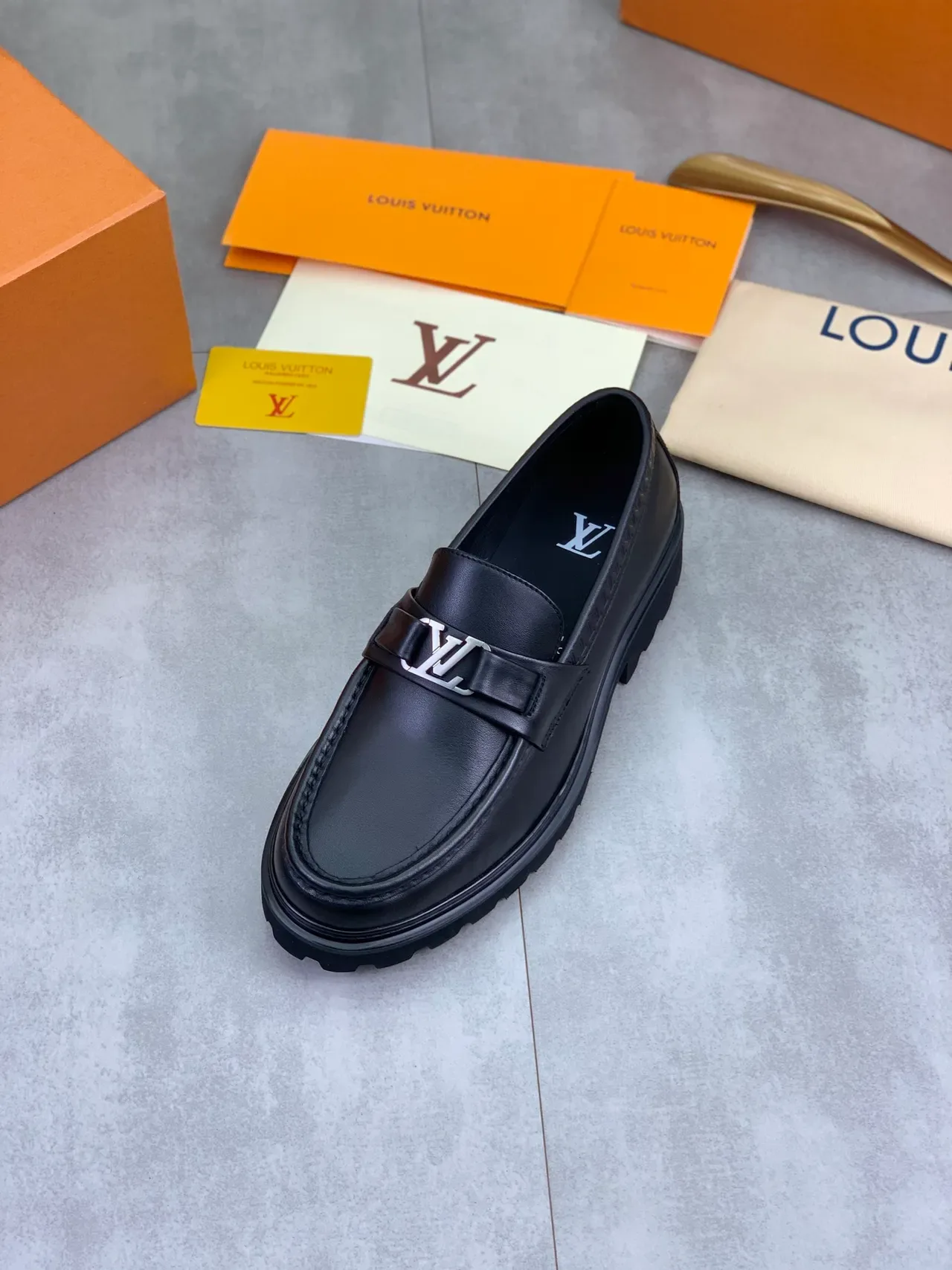 Louis Vuitton Black Leather LV Logo Buckle Loafer 4