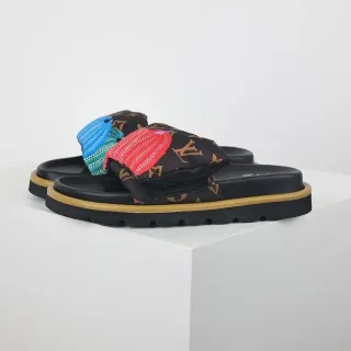 Louis Vuitton Black Multicolor Padded Fabric Strap Monogram Canvas Upper Slippers