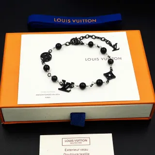 Louis Vuitton Black Silver Beaded Chain Monogram Charms Bracelet