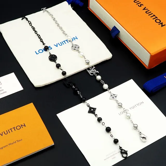 Louis Vuitton Black Silver Beaded Chain Monogram Charms Bracelet 4