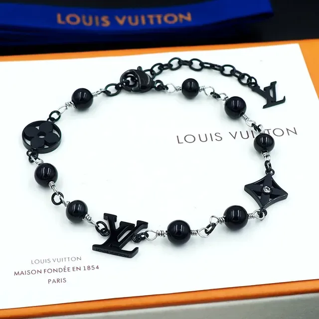 Louis Vuitton Black Silver Beaded Chain Monogram Charms Bracelet 5
