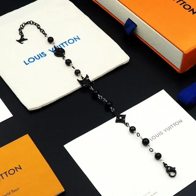 Louis Vuitton Black Silver Beaded Chain Monogram Charms Bracelet 6
