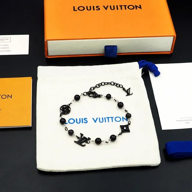 Louis Vuitton Black Silver Beaded Chain Monogram Charms Bracelet 7