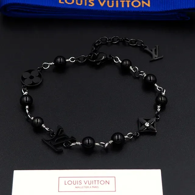 Louis Vuitton Black Silver Beaded Chain Monogram Charms Bracelet 8