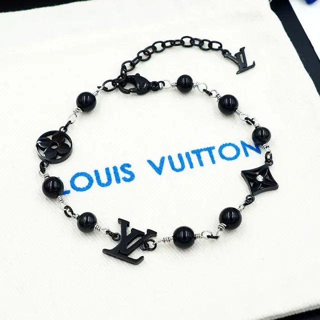 Louis Vuitton Black Silver Beaded Chain Monogram Charms Bracelet 9
