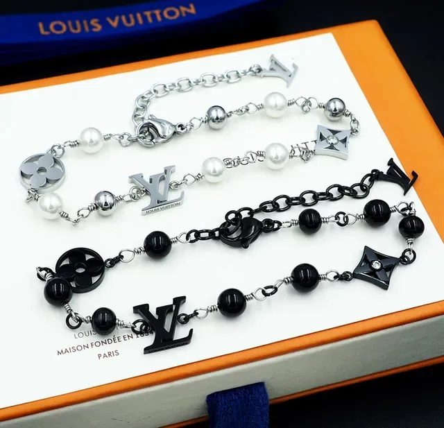 Louis Vuitton Black Silver Beaded Chain Monogram Charms Bracelet 11