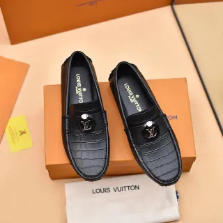 Louis Vuitton 黑色银色鳄鱼压纹皮革 LV 印花徽章 乐福鞋