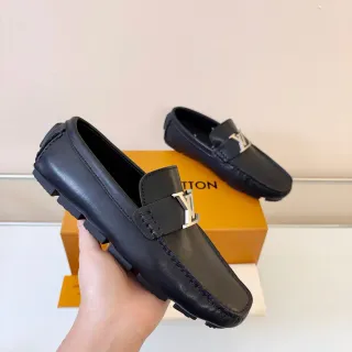 Louis Vuitton 黑色银色皮革 LV Monogram Buckle 乐福鞋