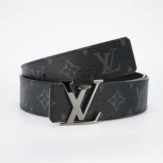 Louis Vuitton Black Silver Monogram-Printed Textured Grain Leather Belt
