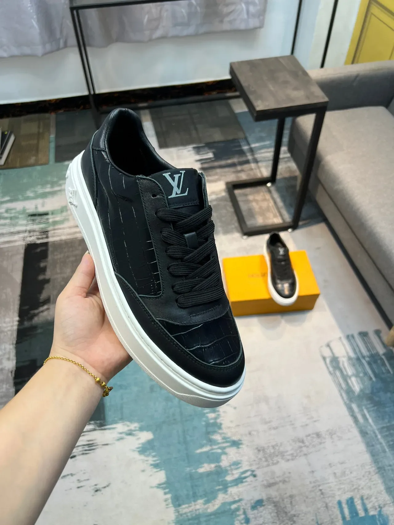 Louis Vuitton Black White Croc-Embossed Leather Platform Sole Lifestyle Sneakers 6