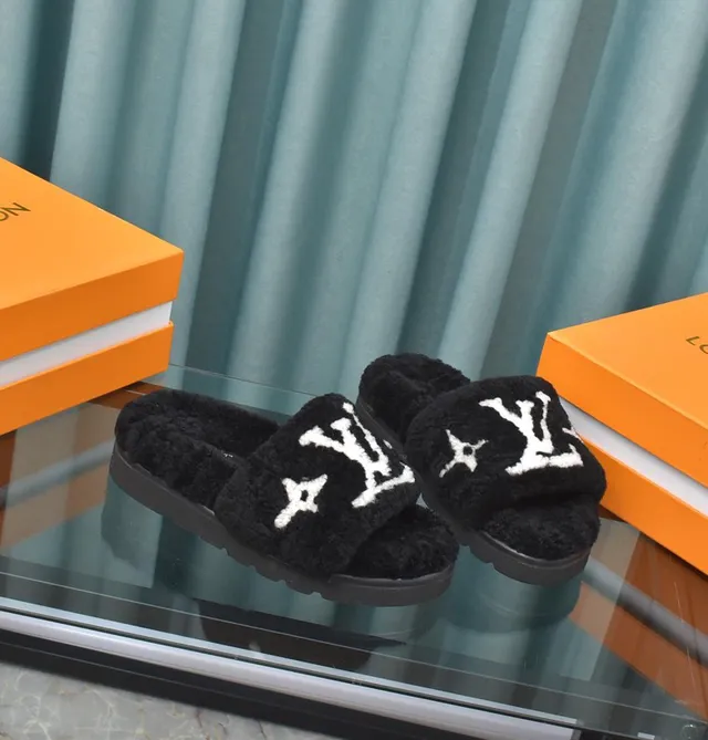 Louis Vuitton Black White Plush Shearling Upper Embroidered Monogram Strap Slippers 4