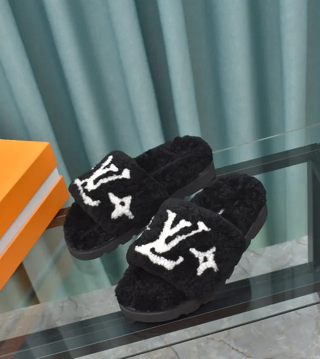 Louis Vuitton Black White Plush Shearling Upper Embroidered Monogram Strap Slippers 5