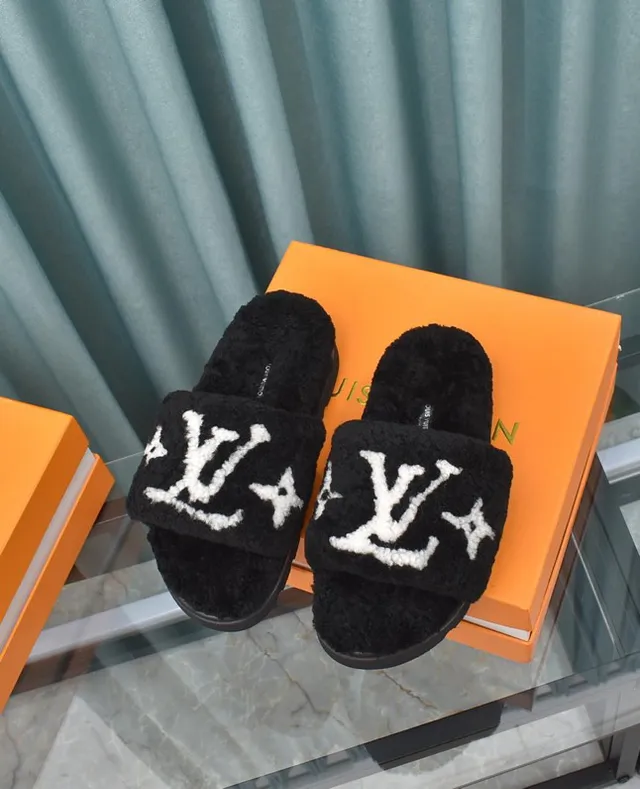 Louis Vuitton Black White Plush Shearling Upper Embroidered Monogram Strap Slippers 6