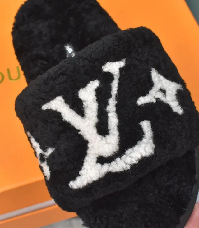 Louis Vuitton Black White Plush Shearling Upper Embroidered Monogram Strap Slippers 7