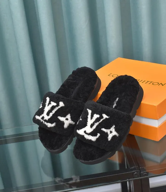 Louis Vuitton Black White Plush Shearling Upper Embroidered Monogram Strap Slippers 8
