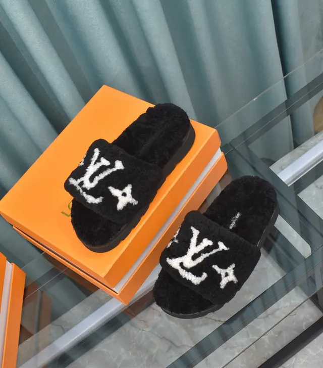 Louis Vuitton Black White Plush Shearling Upper Embroidered Monogram Strap Slippers 9
