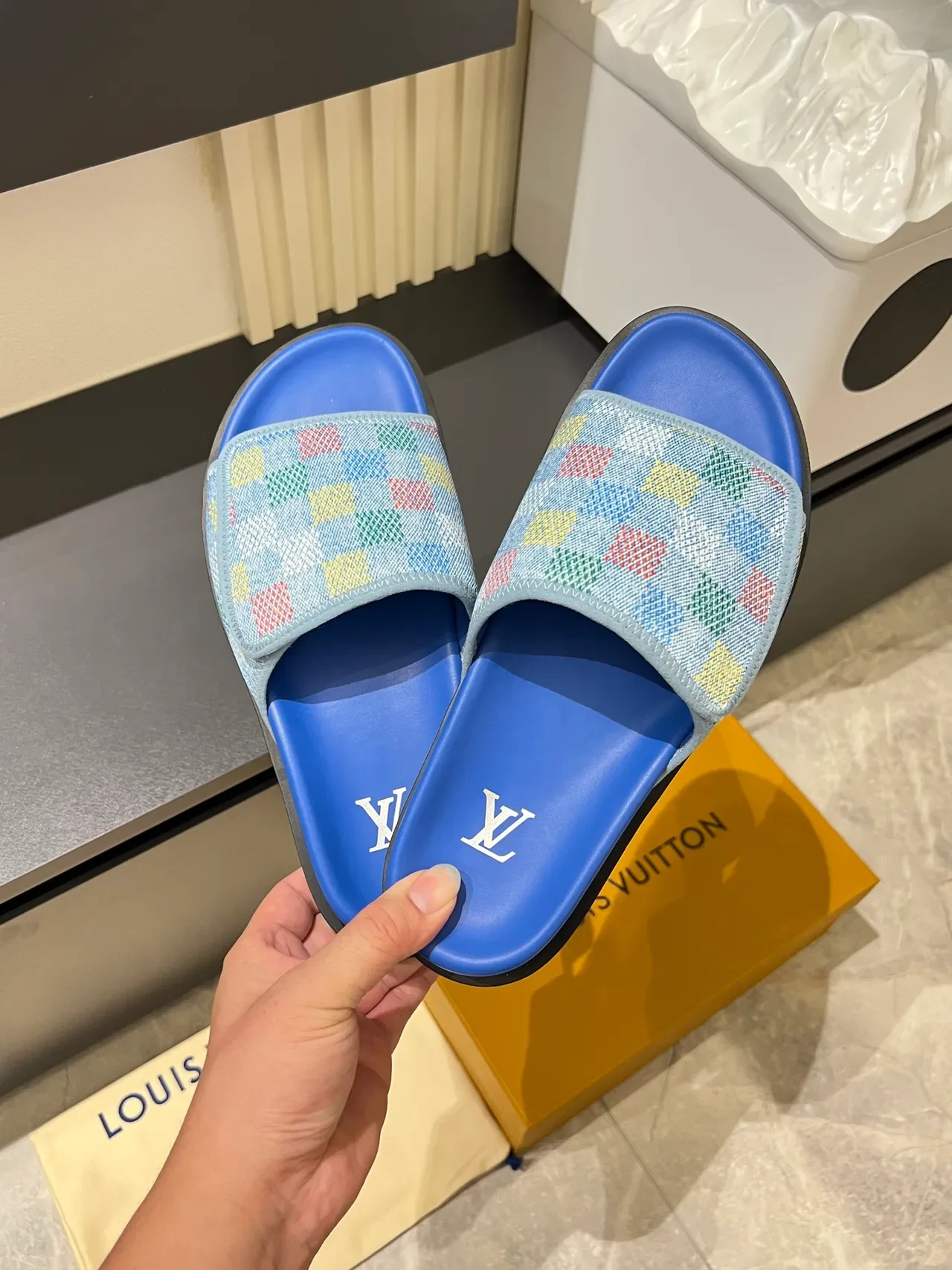 Louis Vuitton Blue Multicolor Slide Silhouette Monogrammed Strap Slippers 6