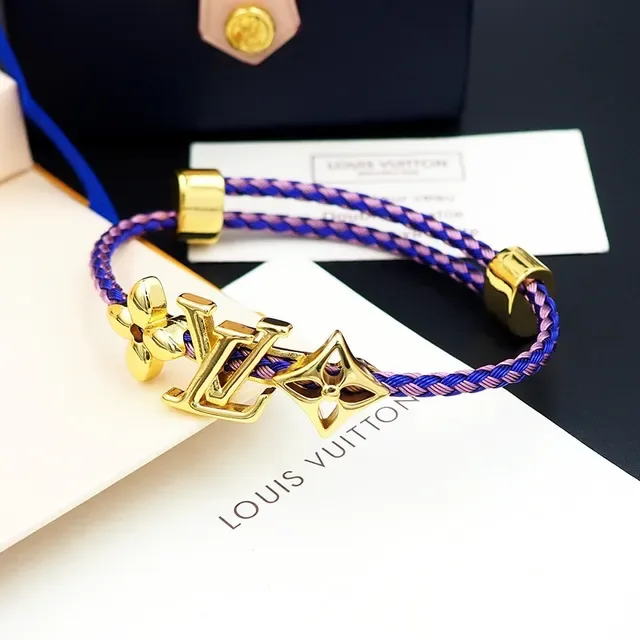 Louis Vuitton Blue Pink Braided Textile Cord Gold-Tone Monogram Hardware Bracelet 2