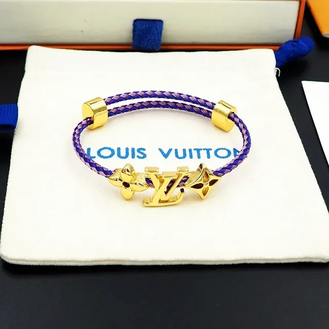 Louis Vuitton Blue Pink Braided Textile Cord Gold-Tone Monogram Hardware Bracelet 4