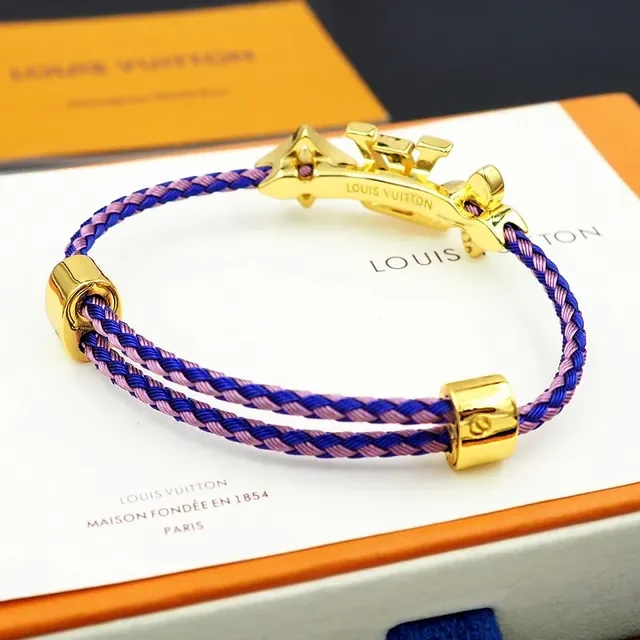 Louis Vuitton Blue Pink Braided Textile Cord Gold-Tone Monogram Hardware Bracelet 5