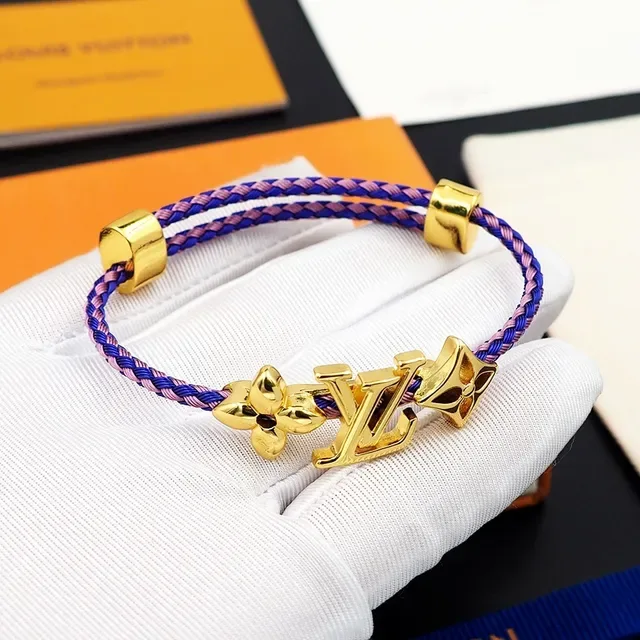 Louis Vuitton Blue Pink Braided Textile Cord Gold-Tone Monogram Hardware Bracelet 6