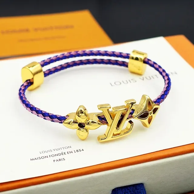 Louis Vuitton Blue Pink Braided Textile Cord Gold-Tone Monogram Hardware Bracelet 7