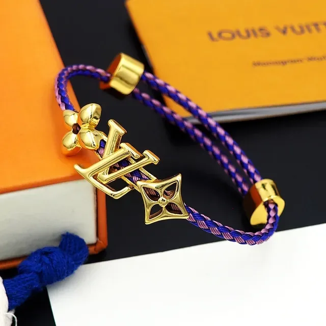 Louis Vuitton Blue Pink Braided Textile Cord Gold-Tone Monogram Hardware Bracelet 8
