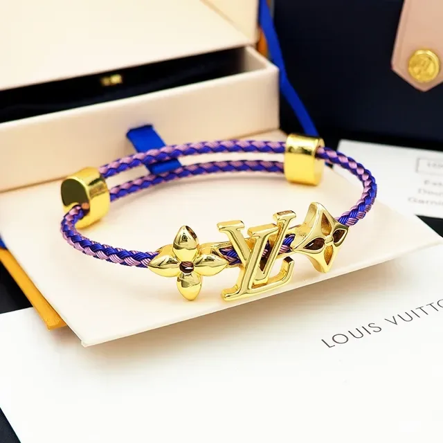 Louis Vuitton Blue Pink Braided Textile Cord Gold-Tone Monogram Hardware Bracelet 9