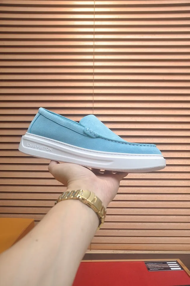 Louis Vuitton Blue White Suede-Like Upper Contrast Topstitching Loafer 4