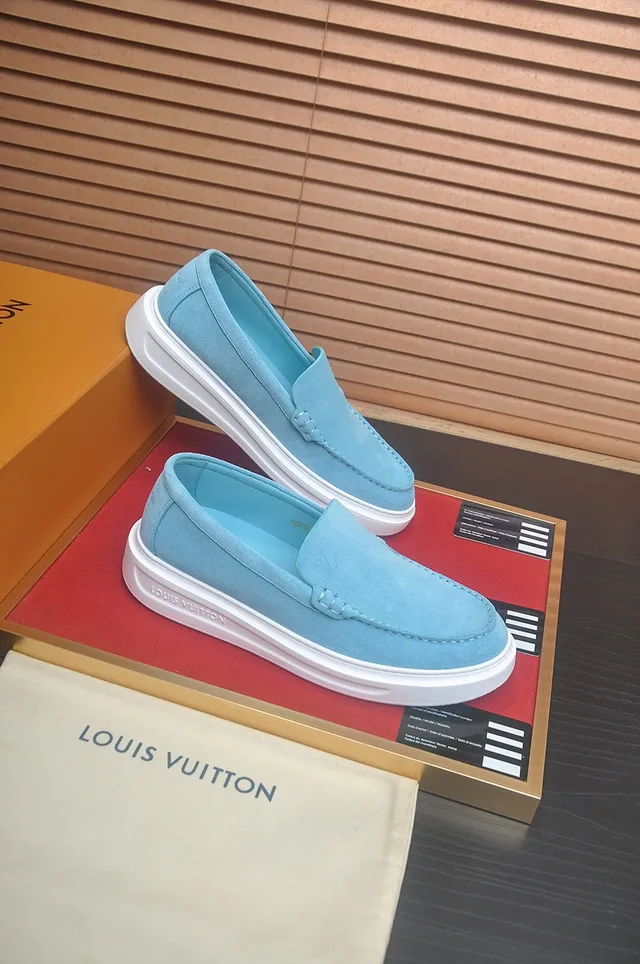 Louis Vuitton Blue White Suede-Like Upper Contrast Topstitching Loafer 6