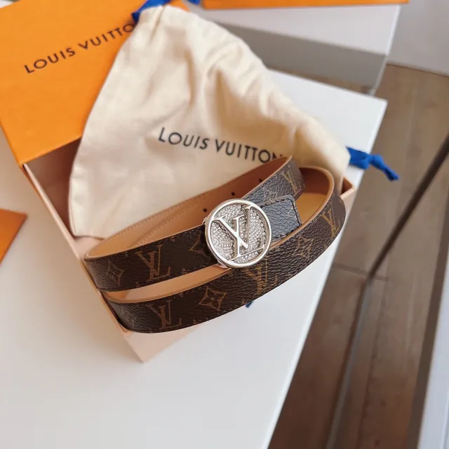 Louis Vuitton Ceinture en cuir marron beige avec toile monogramme et boucle ornée de cristaux 2
